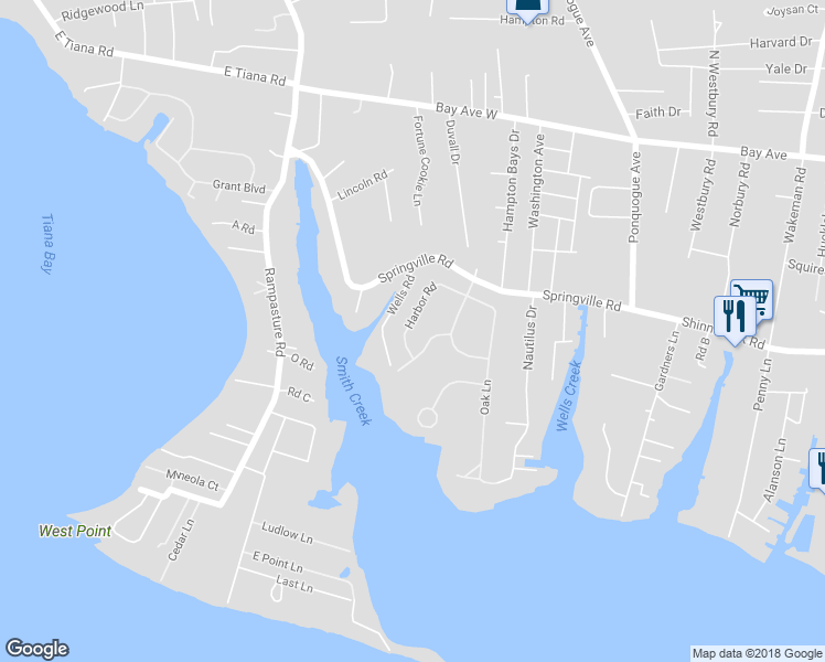 map of restaurants, bars, coffee shops, grocery stores, and more near 12 Harbor Road in Hampton Bays