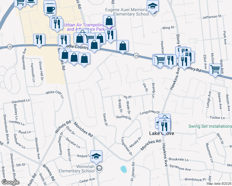 map of restaurants, bars, coffee shops, grocery stores, and more near 9 Hy Place in Lake Grove