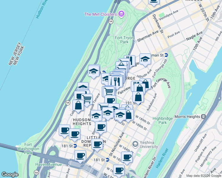 map of restaurants, bars, coffee shops, grocery stores, and more near 209 Bennett Avenue in New York