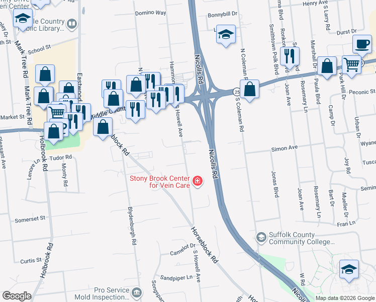 map of restaurants, bars, coffee shops, grocery stores, and more near 41 South Howell Avenue in Centereach