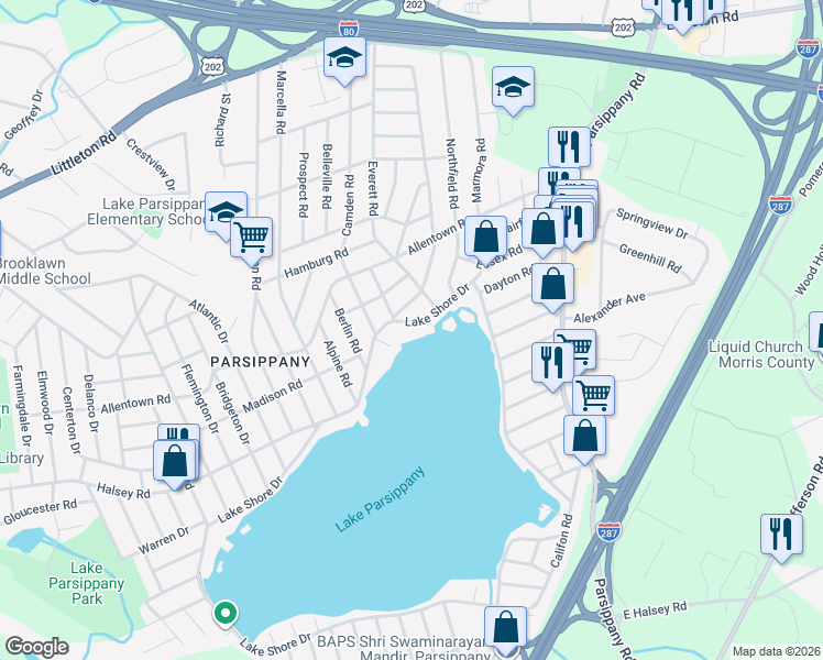 map of restaurants, bars, coffee shops, grocery stores, and more near 322 Lake Shore Drive in Parsippany-Troy Hills