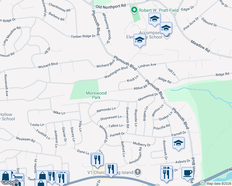 map of restaurants, bars, coffee shops, grocery stores, and more near 36 Abbot Road in Smithtown