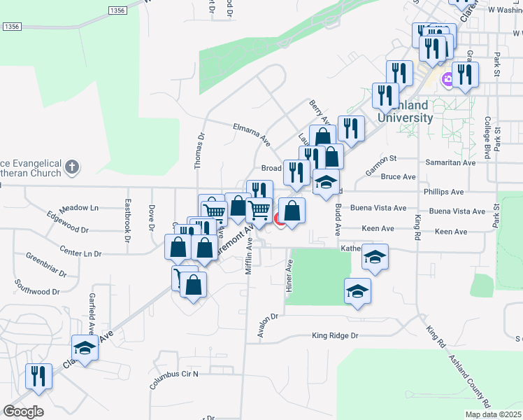 map of restaurants, bars, coffee shops, grocery stores, and more near 1262 Claremont Avenue in Ashland