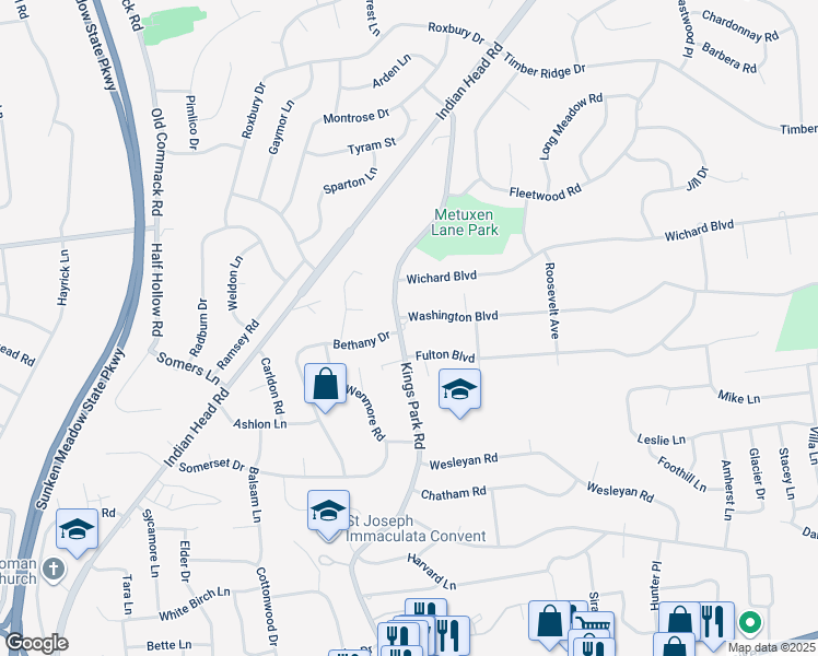 map of restaurants, bars, coffee shops, grocery stores, and more near 169 Kings Park Road in Commack