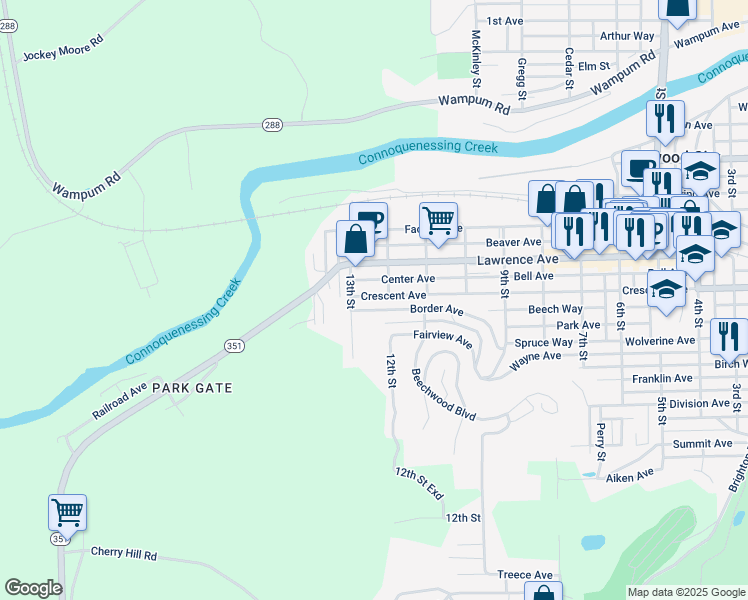 map of restaurants, bars, coffee shops, grocery stores, and more near 1211 Crescent Avenue in Ellwood City