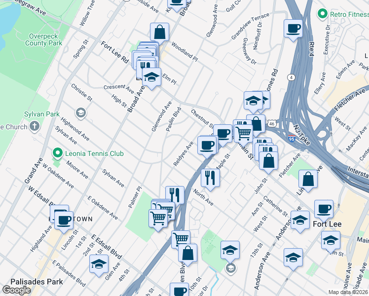 map of restaurants, bars, coffee shops, grocery stores, and more near 149 Reldyes Avenue in Leonia