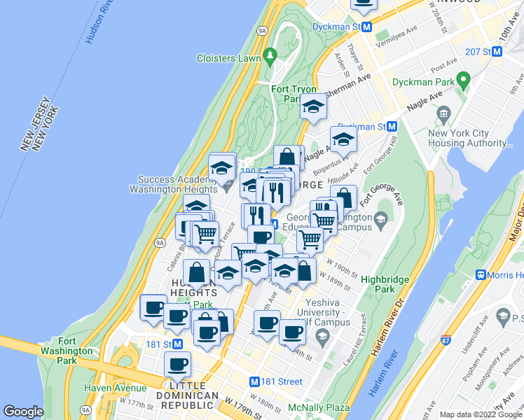 map of restaurants, bars, coffee shops, grocery stores, and more near 209 Bennett Avenue in New York