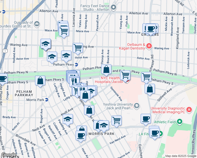 map of restaurants, bars, coffee shops, grocery stores, and more near 1204 Pelham Parkway South in Bronx