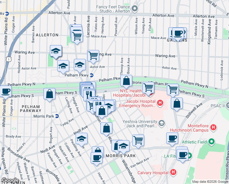 map of restaurants, bars, coffee shops, grocery stores, and more near 1204 Pelham Parkway South in Bronx
