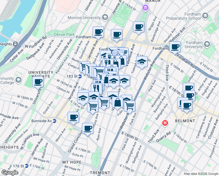 map of restaurants, bars, coffee shops, grocery stores, and more near 2310 Grand Concourse in The Bronx