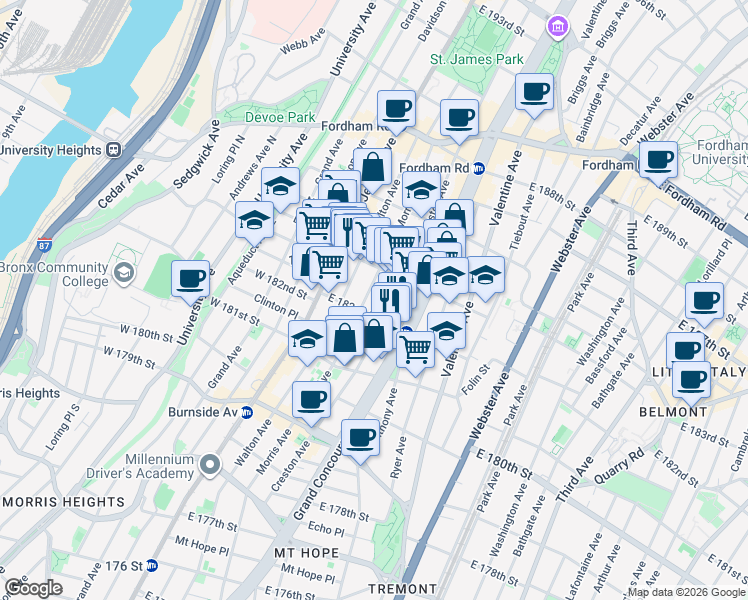 map of restaurants, bars, coffee shops, grocery stores, and more near 2244 Morris Avenue in Bronx