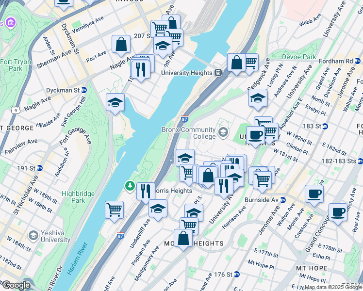 map of restaurants, bars, coffee shops, grocery stores, and more near 7 Cedar Avenue in Bronx