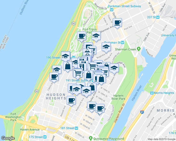 map of restaurants, bars, coffee shops, grocery stores, and more near 4468 Broadway in New York