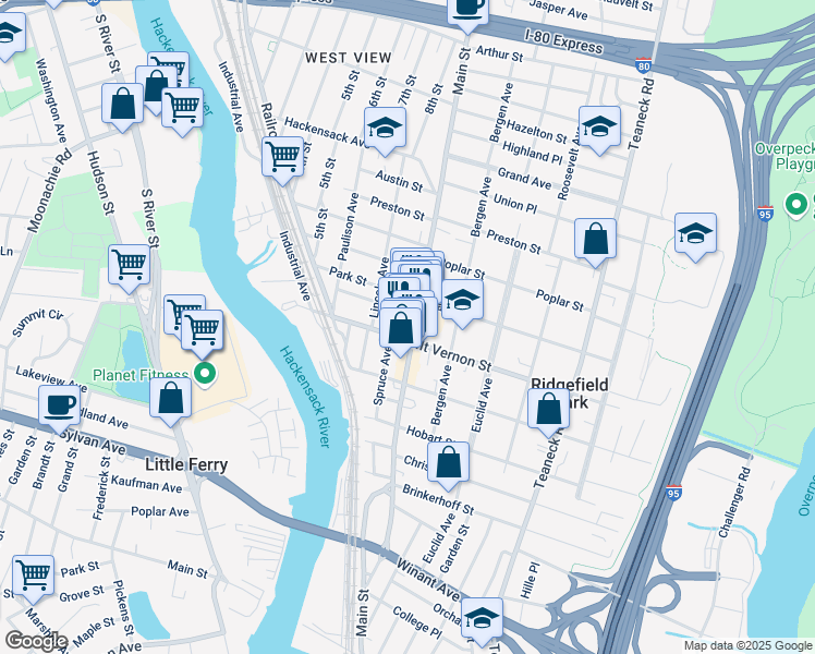 map of restaurants, bars, coffee shops, grocery stores, and more near 201 Main Street in Ridgefield Park