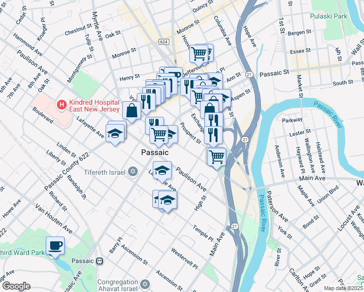 map of restaurants, bars, coffee shops, grocery stores, and more near 168 Gregory Avenue in Passaic