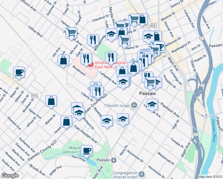 map of restaurants, bars, coffee shops, grocery stores, and more near 236 Broadway in Passaic