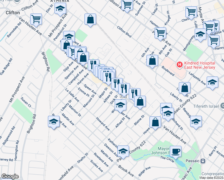 map of restaurants, bars, coffee shops, grocery stores, and more near 575 Van Houten Avenue in Clifton