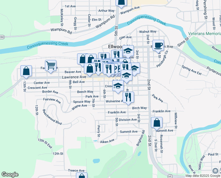 map of restaurants, bars, coffee shops, grocery stores, and more near 416 Short Street in Ellwood City