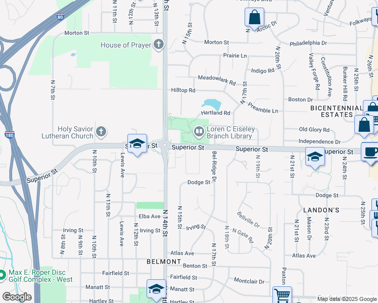 map of restaurants, bars, coffee shops, grocery stores, and more near 1501 Superior Street in Lincoln
