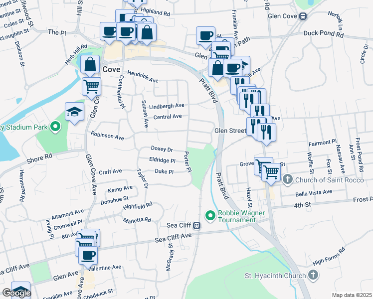 map of restaurants, bars, coffee shops, grocery stores, and more near Porter Place in Glen Cove