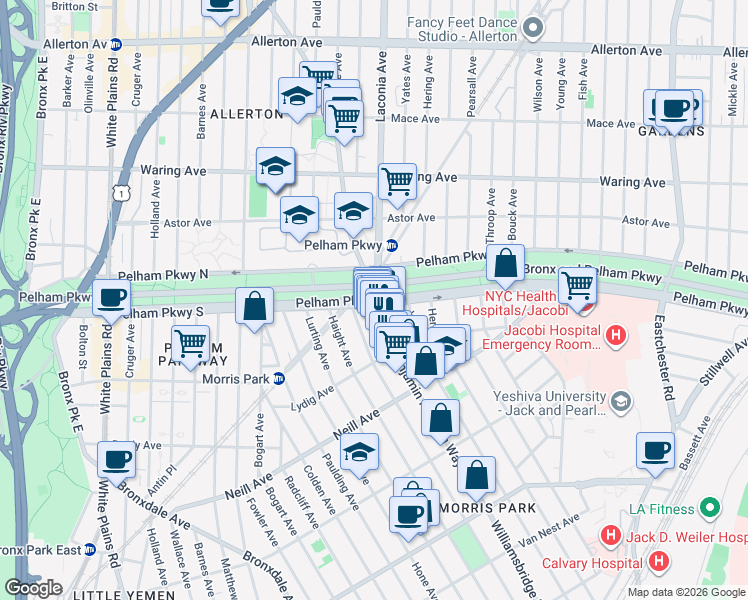 map of restaurants, bars, coffee shops, grocery stores, and more near Pelham Pkwy S & Williamsbridge Rd in Bronx