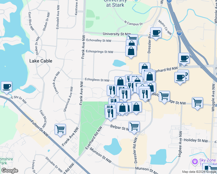 map of restaurants, bars, coffee shops, grocery stores, and more near 4835 Pond Drive Northwest in North Canton