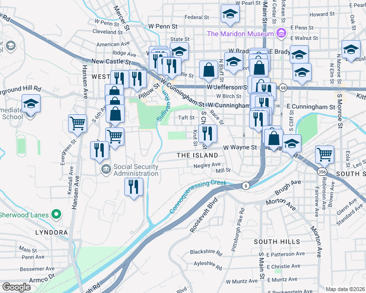 map of restaurants, bars, coffee shops, grocery stores, and more near 516 West Wayne Street in Butler