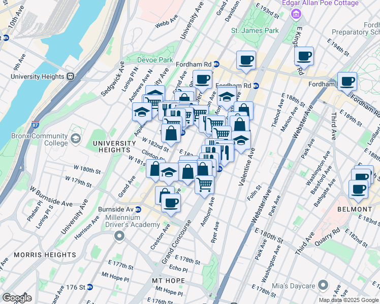 map of restaurants, bars, coffee shops, grocery stores, and more near 53 East 182nd Street in Bronx