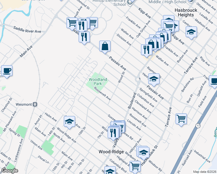 map of restaurants, bars, coffee shops, grocery stores, and more near 54 Harrison Avenue in Hasbrouck Heights