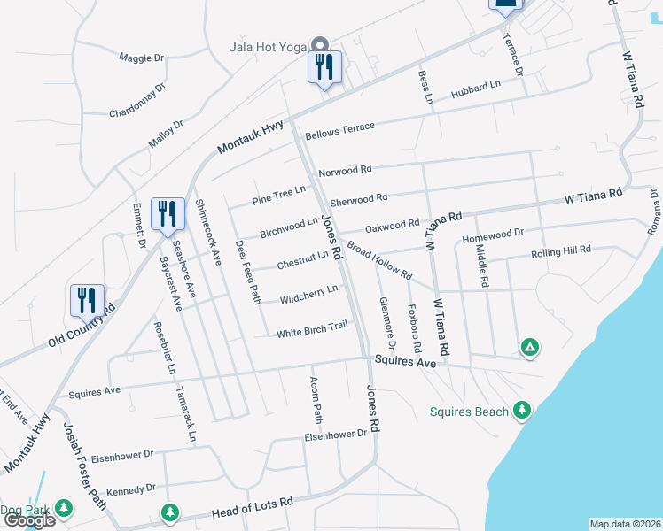 map of restaurants, bars, coffee shops, grocery stores, and more near 30 Jones Road in East Quogue