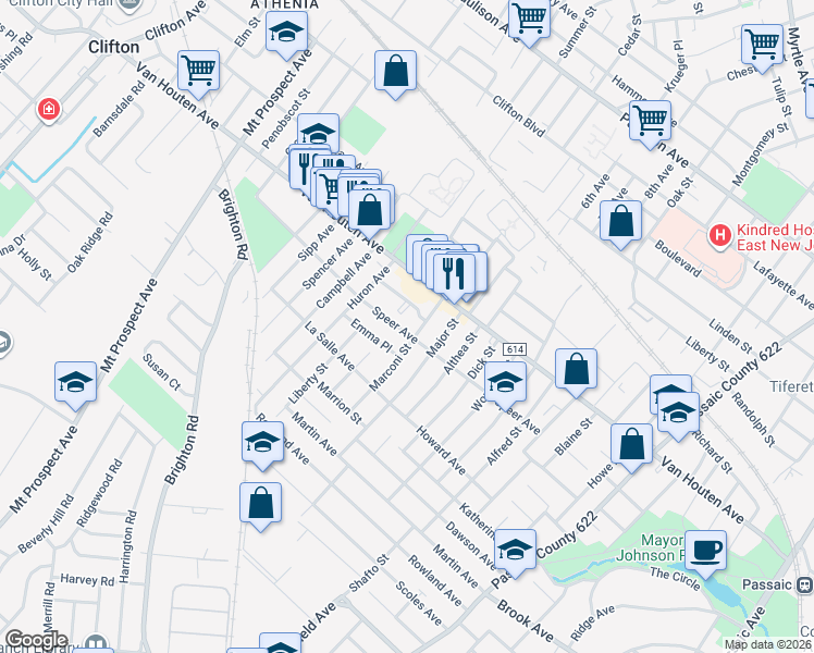 map of restaurants, bars, coffee shops, grocery stores, and more near 146 Speer Avenue in Clifton