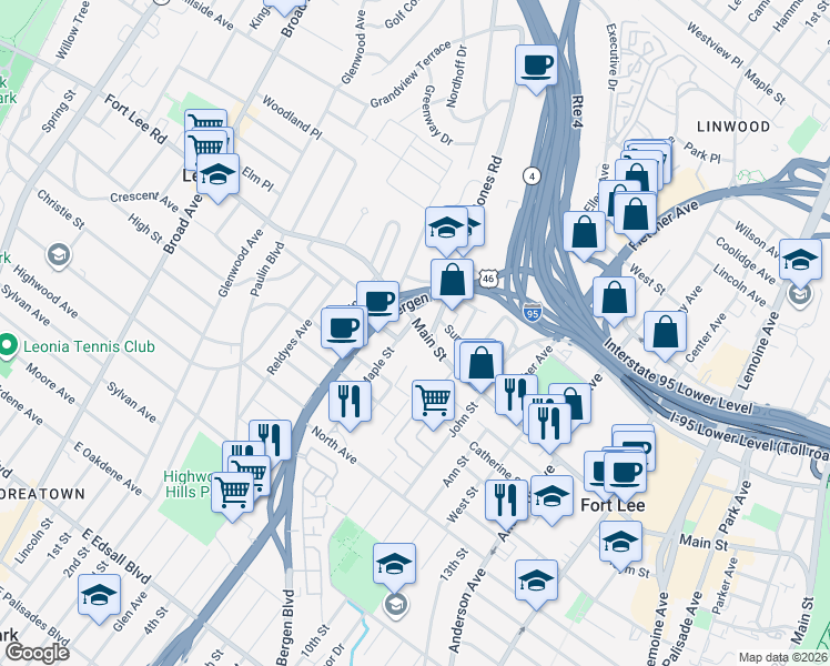 map of restaurants, bars, coffee shops, grocery stores, and more near 560 Main Street in Fort Lee