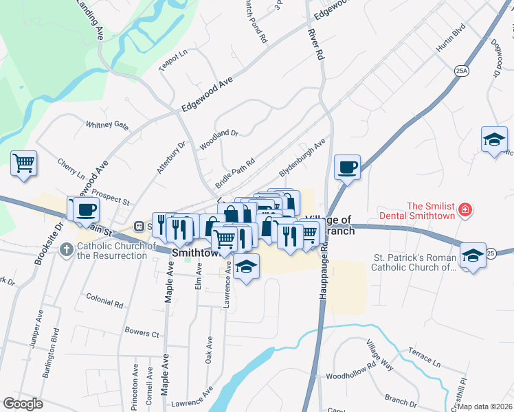 map of restaurants, bars, coffee shops, grocery stores, and more near 17 Gazebo Lane in Smithtown