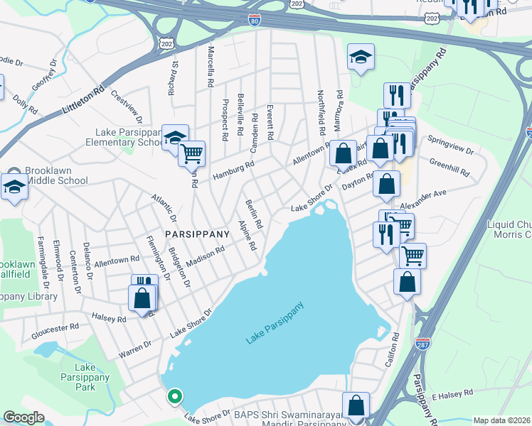 map of restaurants, bars, coffee shops, grocery stores, and more near 7 Camden Road in Parsippany-Troy Hills
