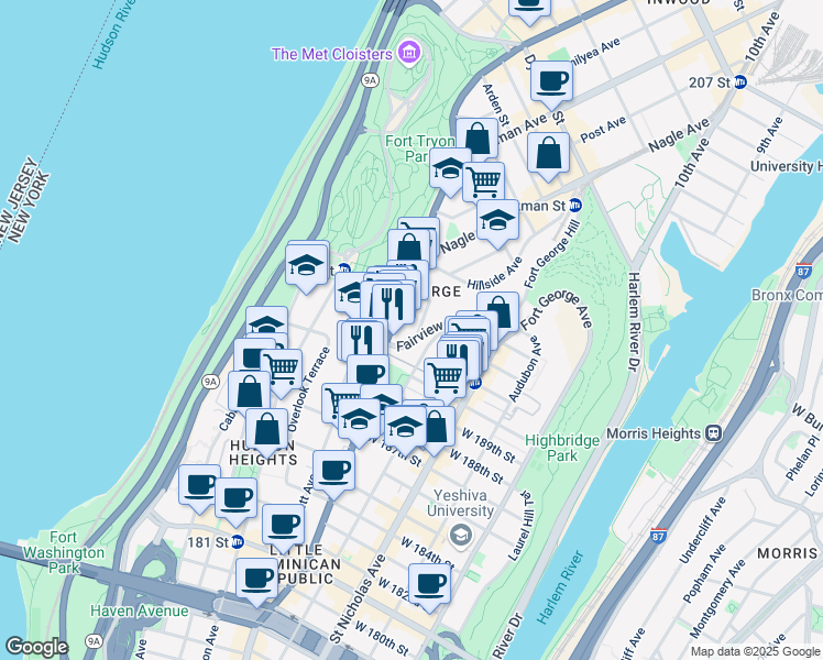 map of restaurants, bars, coffee shops, grocery stores, and more near 5 Broadway Terrace in New York