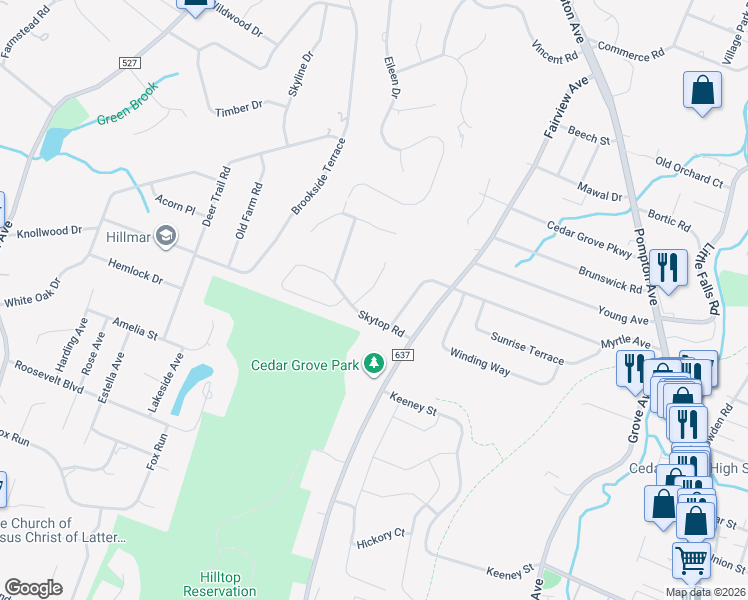 map of restaurants, bars, coffee shops, grocery stores, and more near 11 Hillcrest Road in Cedar Grove