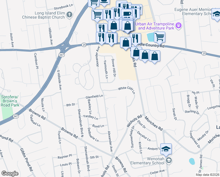 map of restaurants, bars, coffee shops, grocery stores, and more near 7 White Cliff Lane in Nesconset