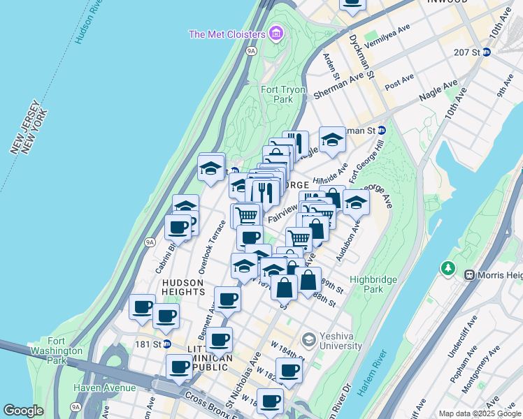 map of restaurants, bars, coffee shops, grocery stores, and more near 4451 Broadway in New York