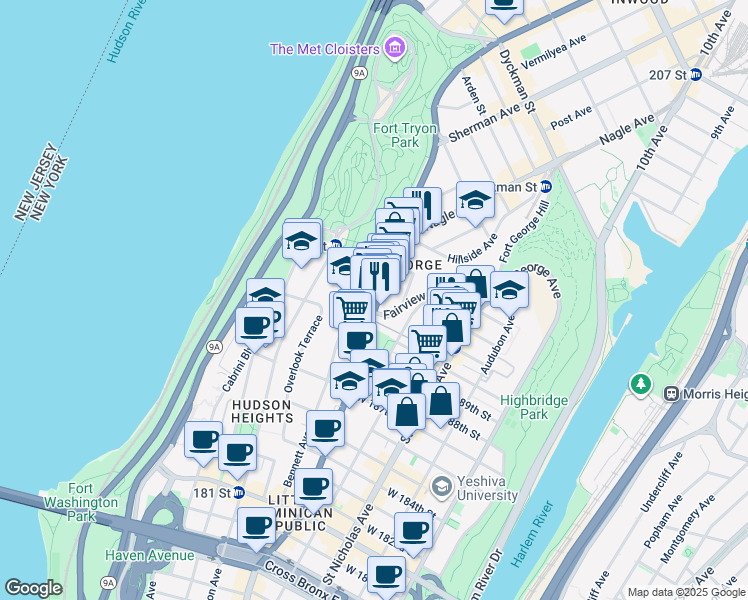 map of restaurants, bars, coffee shops, grocery stores, and more near 4455 Broadway in New York