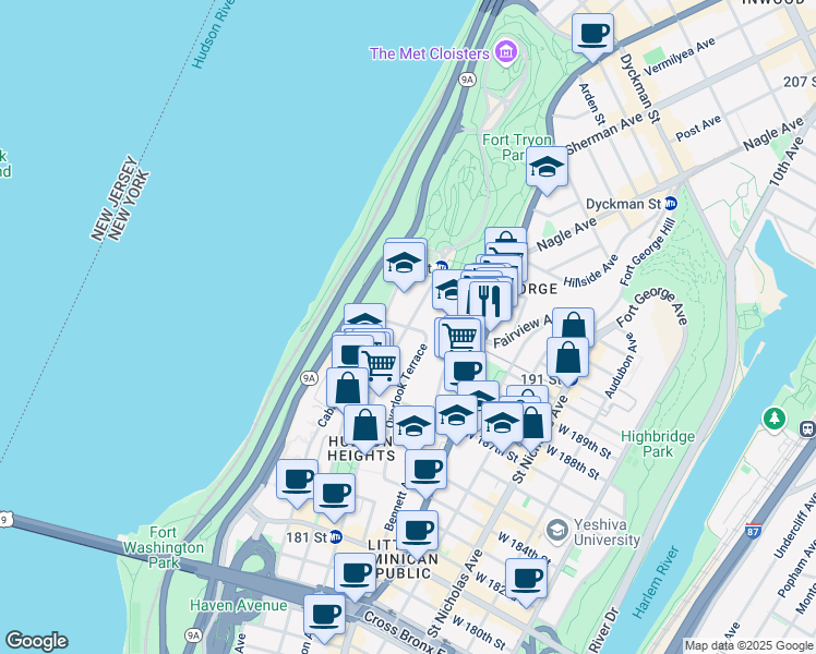 map of restaurants, bars, coffee shops, grocery stores, and more near Fort Washington Ave & W 190th St in New York