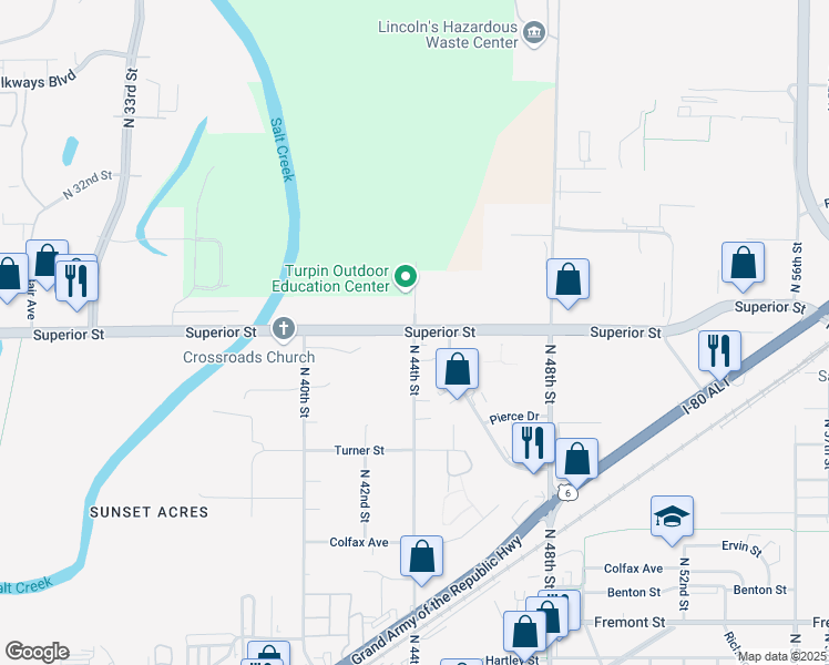 map of restaurants, bars, coffee shops, grocery stores, and more near Superior Street & North 44th Street in Lincoln