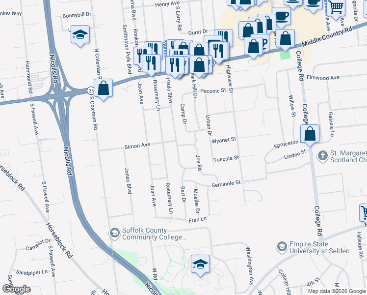 map of restaurants, bars, coffee shops, grocery stores, and more near 2 Joy Road in Selden