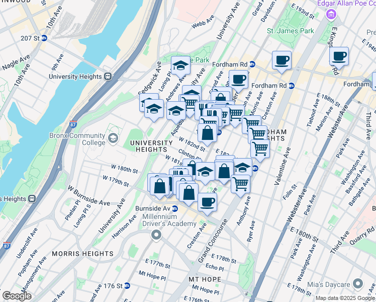 map of restaurants, bars, coffee shops, grocery stores, and more near 2176 Grand Avenue in Bronx