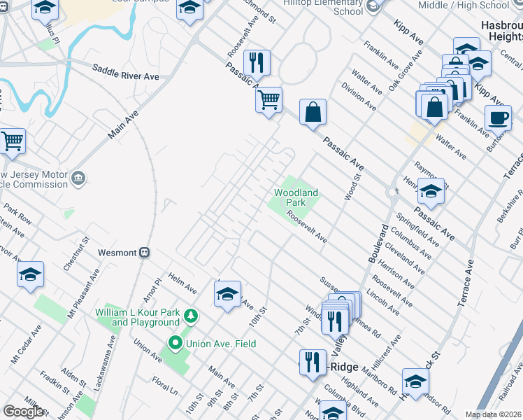 map of restaurants, bars, coffee shops, grocery stores, and more near 5 Lincoln Avenue in Hasbrouck Heights
