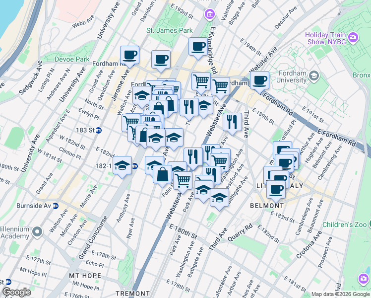map of restaurants, bars, coffee shops, grocery stores, and more near 382 East 184th Street in The Bronx