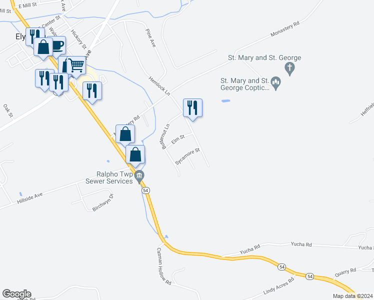 map of restaurants, bars, coffee shops, grocery stores, and more near 5 Sycamore Street in Elysburg