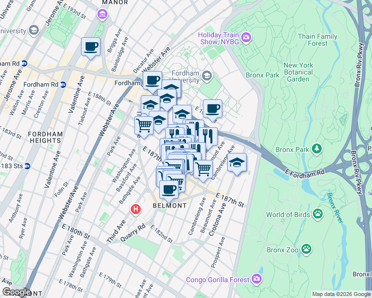 map of restaurants, bars, coffee shops, grocery stores, and more near 2429 Arthur Avenue in The Bronx