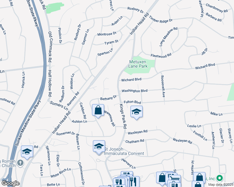 map of restaurants, bars, coffee shops, grocery stores, and more near 169 Kings Park Road in Commack