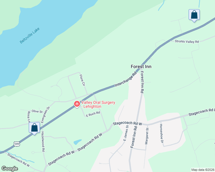 map of restaurants, bars, coffee shops, grocery stores, and more near 5955 Interchange Road in Lehighton