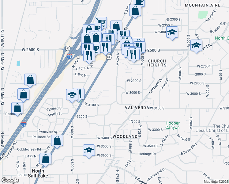 map of restaurants, bars, coffee shops, grocery stores, and more near 3004 South 600 West in Bountiful